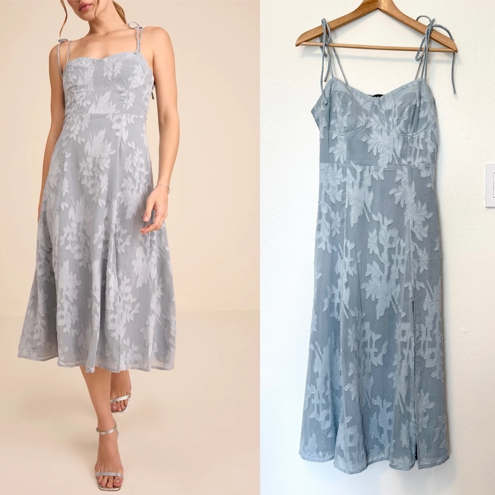 NWT Lulu’s Loveliest Looks Dusty Blue Floral Jacquard Tie-Strap Midi Dress Sz M